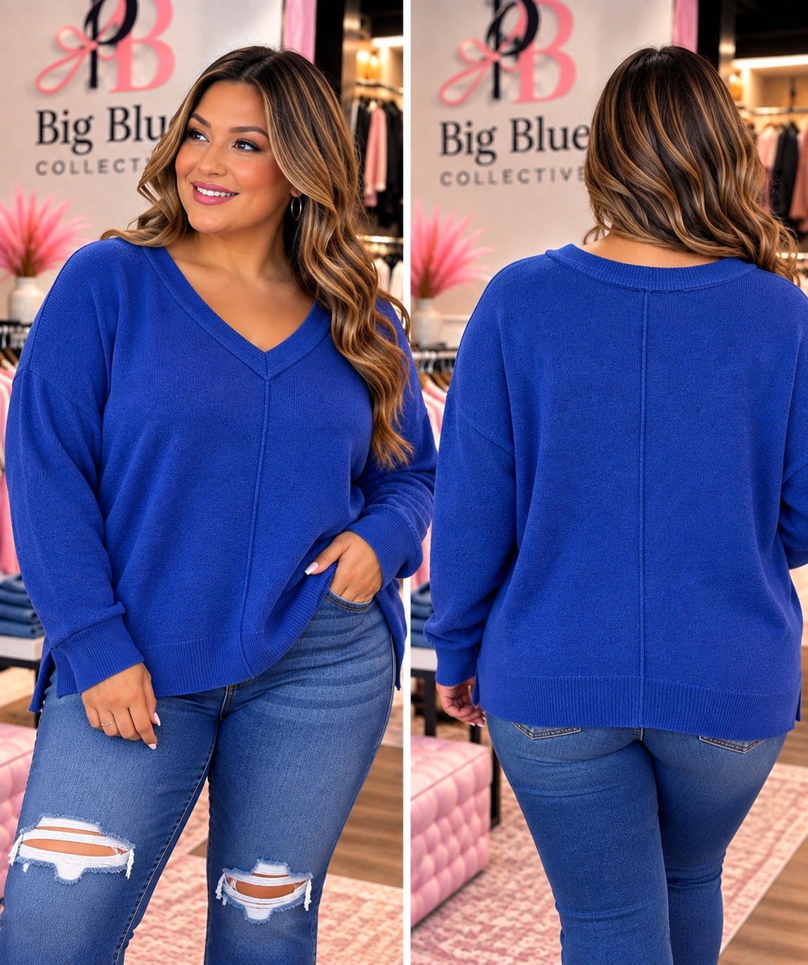 Zenana Cobalt Blue V-Neck Relaxed Fit Sweater