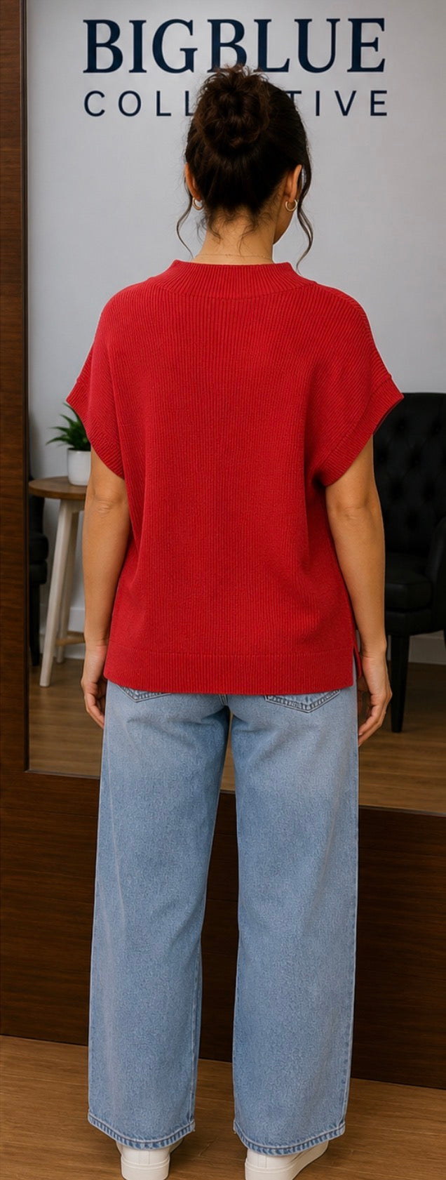 Red Ribbed Knit Short-Sleeve Top