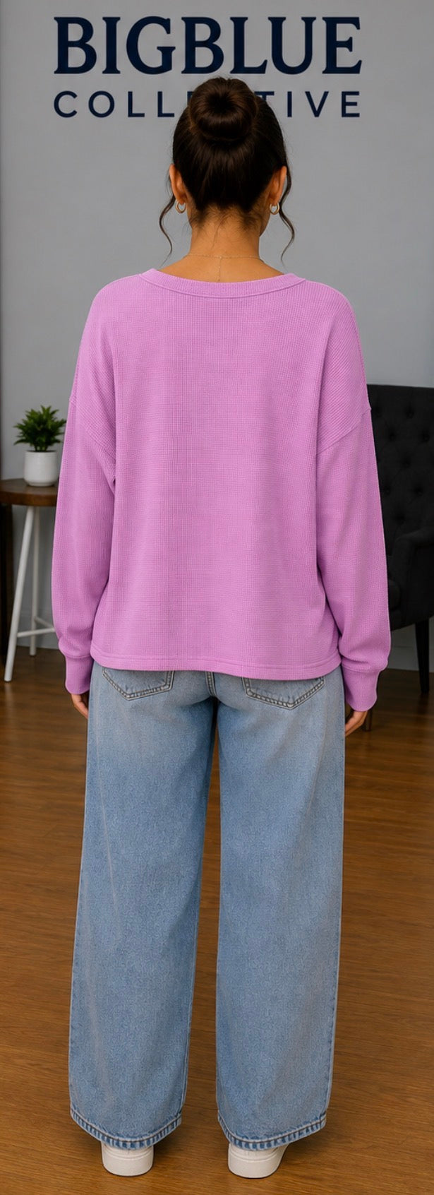 Pink Waffle-Knit Henley Top