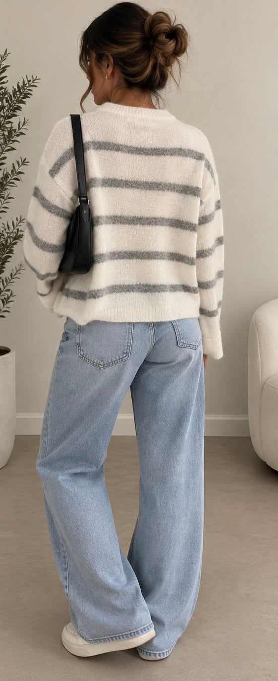 Cream & Gray Striped Sweater