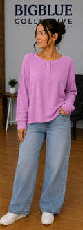 Pink Waffle-Knit Henley Top