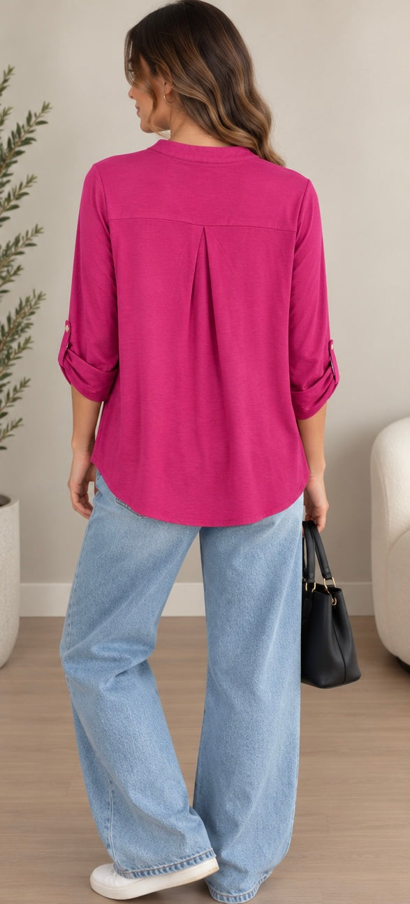 Fuchsia Button-Sleeve Blouse