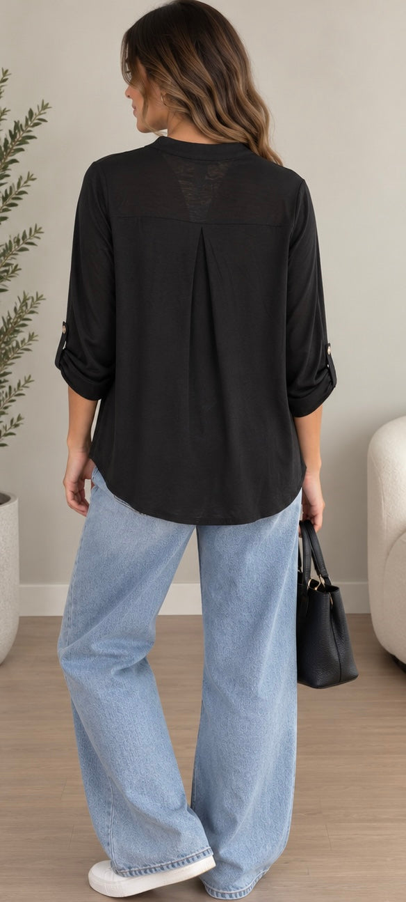 Black Button-Sleeve Blouse