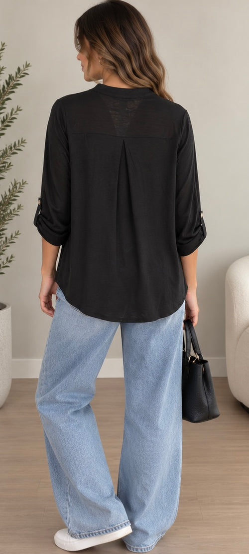 Black Button-Sleeve Blouse