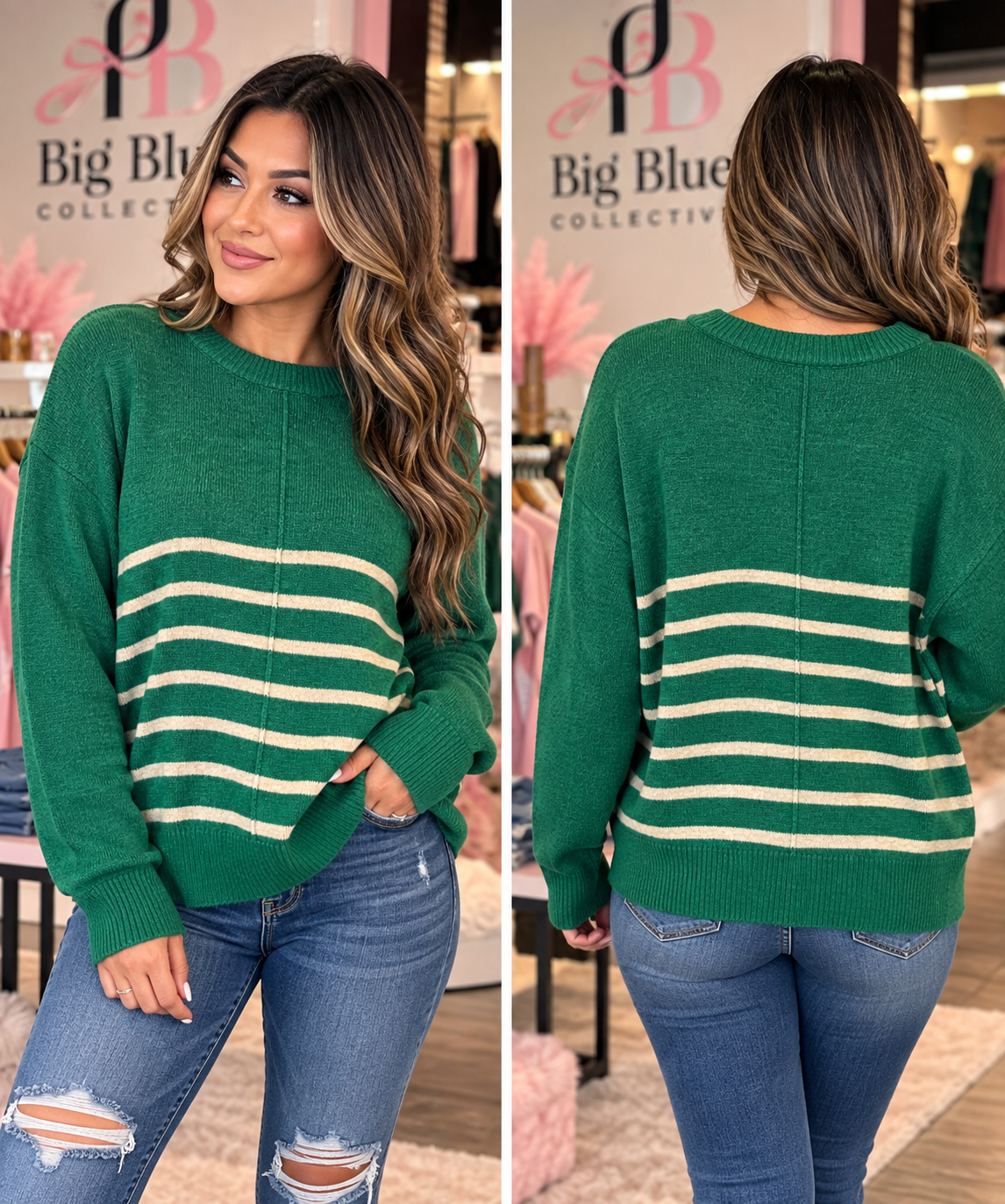 💚 Green + Cream Striped Sweater