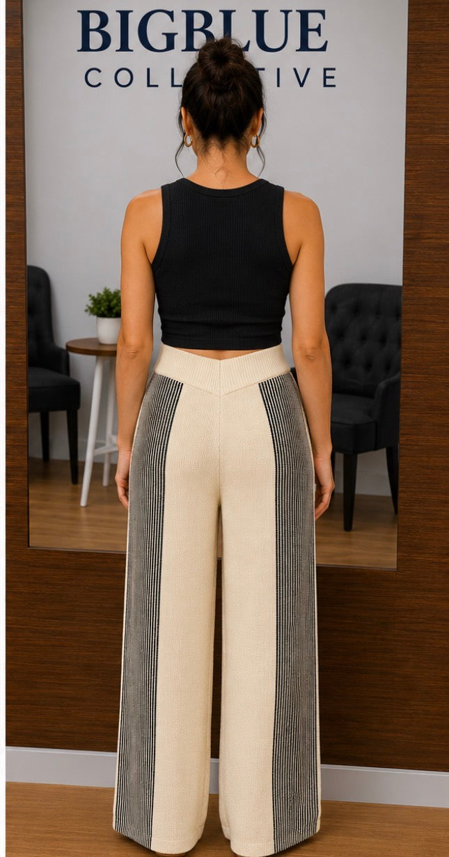 Cream & Black Striped Wide-Leg Pants