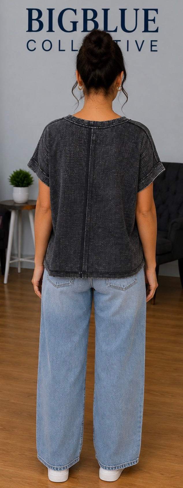 Washed Black Textured Short-Sleeve Top
