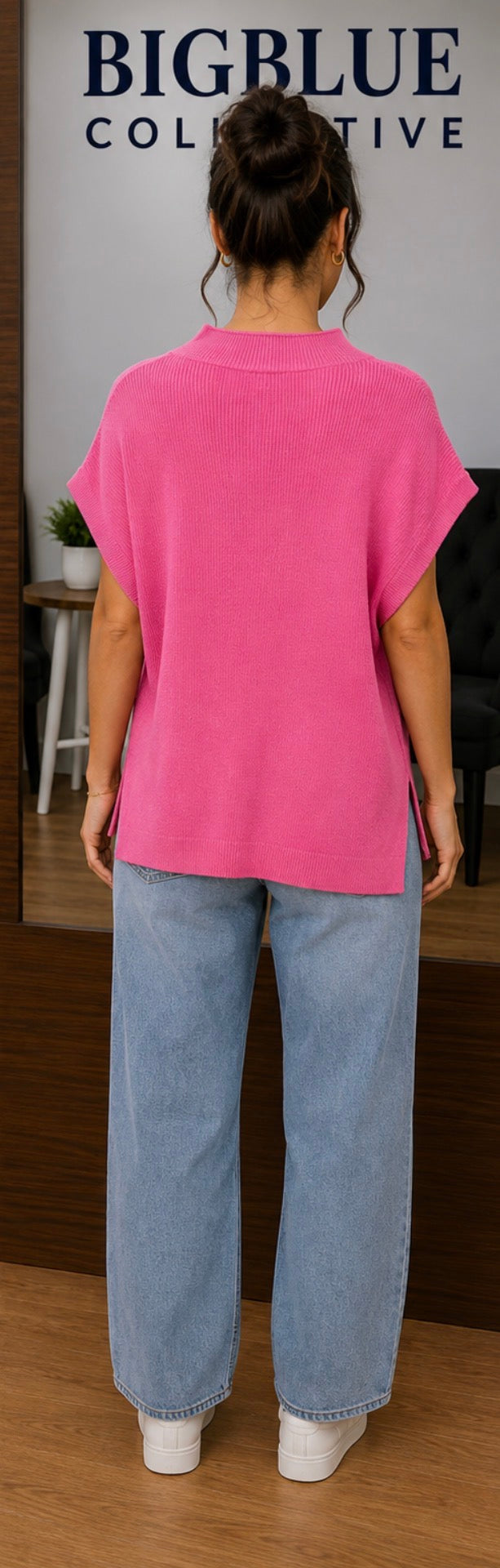 Hot Pink Ribbed Short-Sleeve Sweater