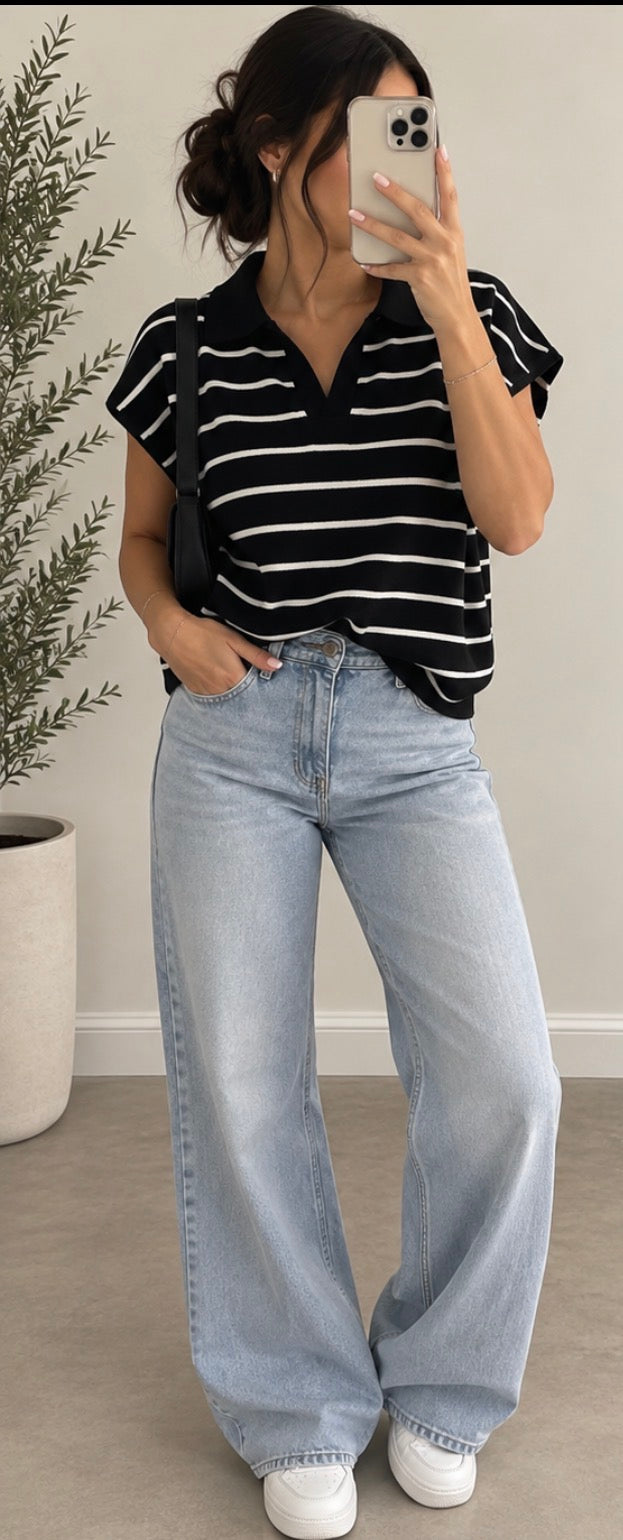 Black & White Striped Collared Top