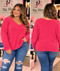Zenana Hot Pink V-Neck Relaxed Fit Sweater