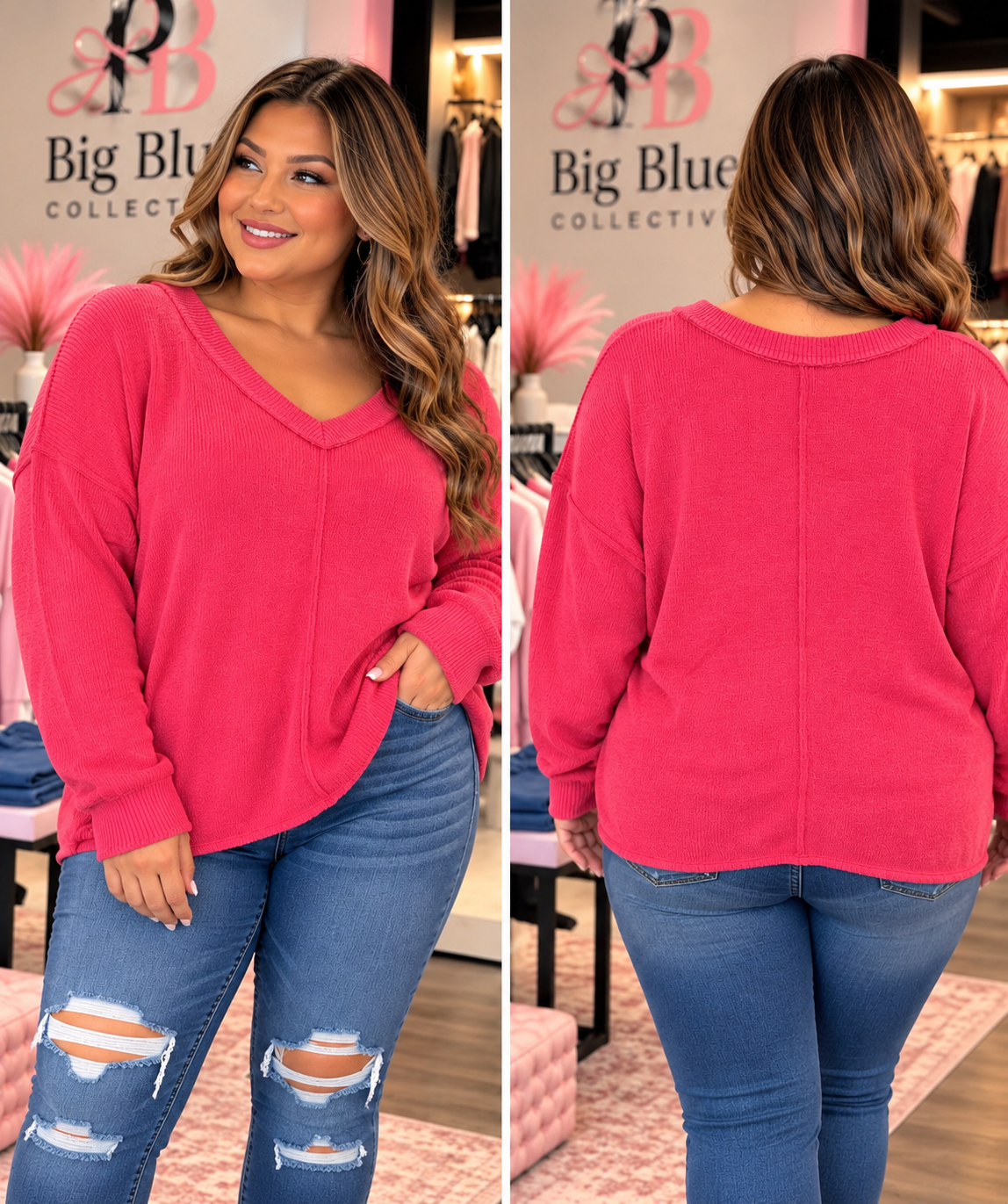 Zenana Hot Pink V-Neck Relaxed Fit Sweater