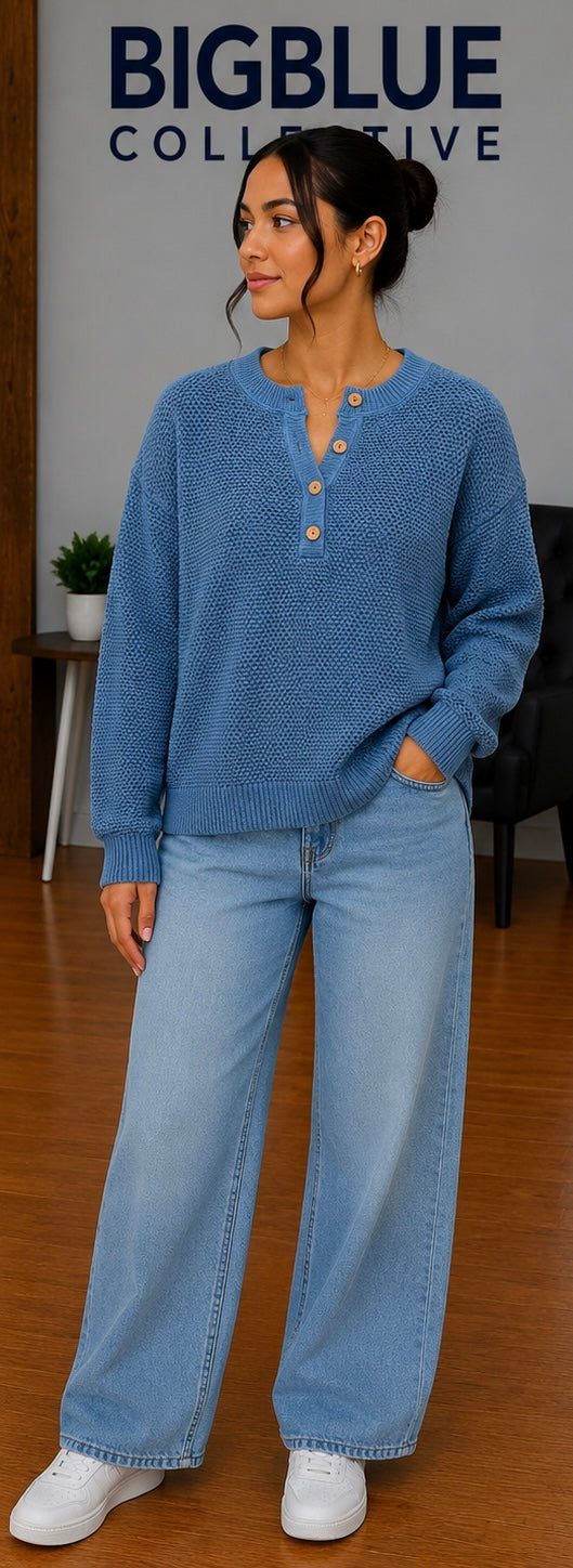 Blue knit Henley sweater