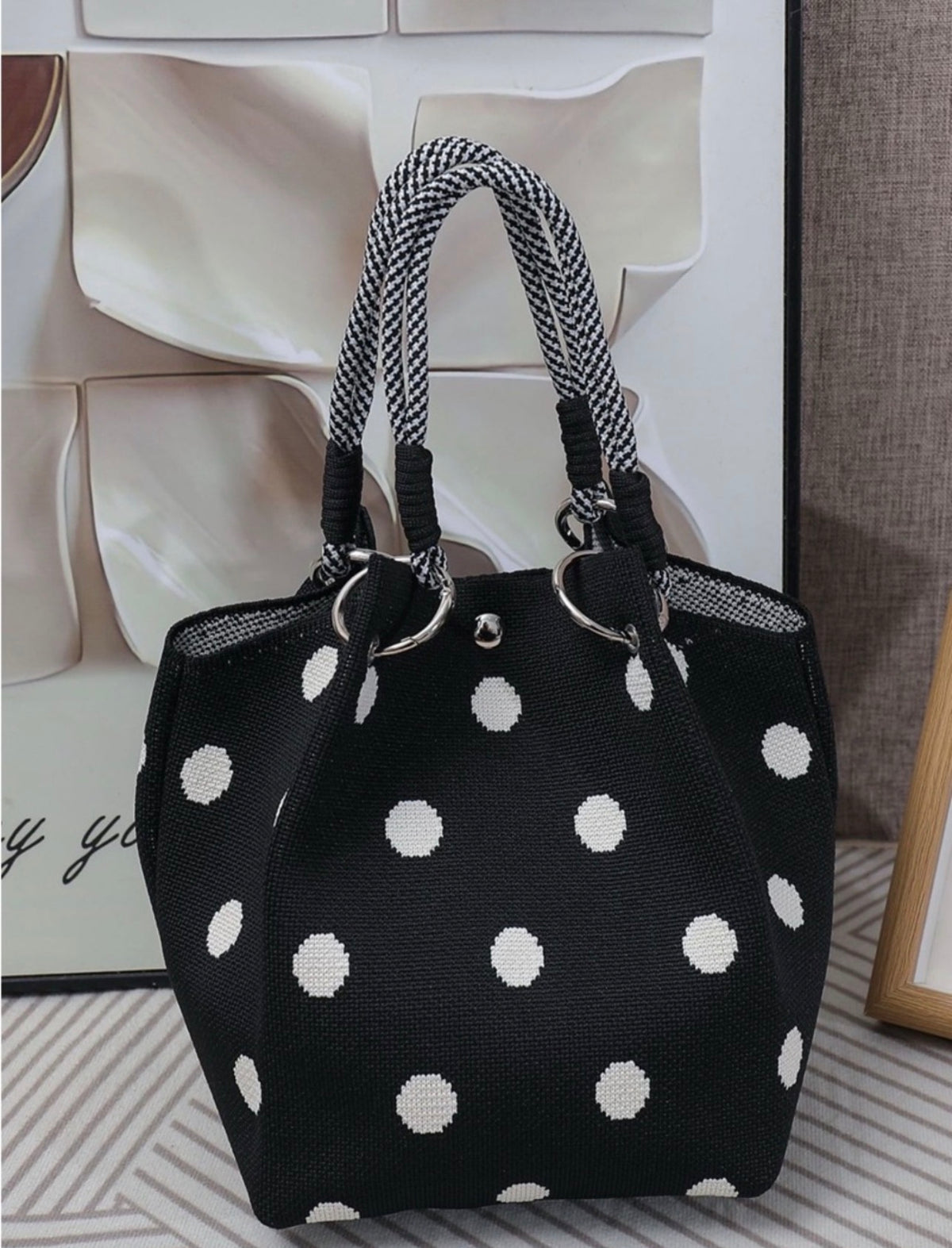 Black polkadot small tote bag