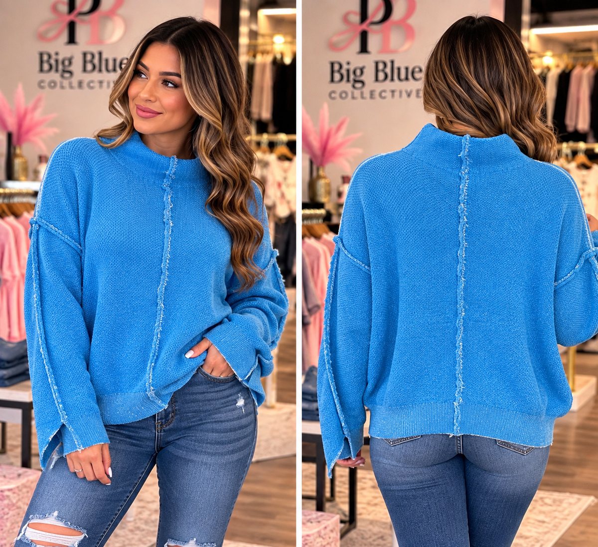 💙 Zenana Blue Cozy Raw-Edge Sweater