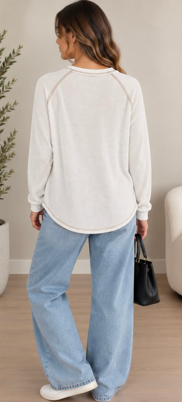 Cream Ribbed Pocket long sleeve